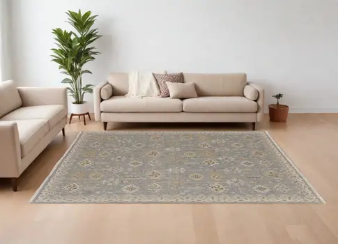 8' X 10' Gray and Ivory Wool Oriental Hand Knotted Area Rug With Fringe