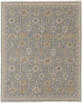 8' X 10' Gray and Ivory Wool Oriental Hand Knotted Area Rug With Fringe