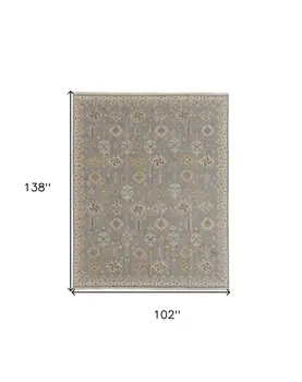 8' X 12' Gray and Ivory Wool Oriental Hand Knotted Area Rug With Fringe