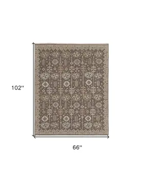 6' X 9' Tan and Brown Wool Oriental Hand Knotted Area Rug With Fringe