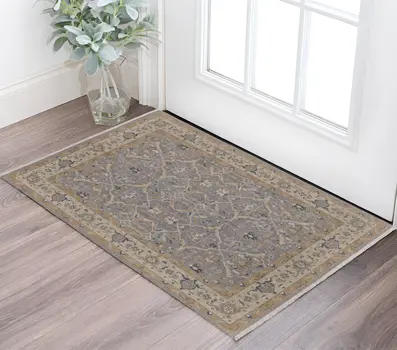 2' X 3' Tan and Gray Wool Oriental Hand Knotted Area Rug With Fringe