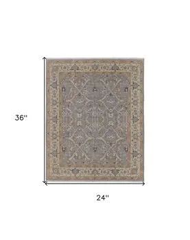 2' X 3' Tan and Gray Wool Oriental Hand Knotted Area Rug With Fringe