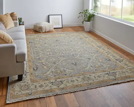 2' X 3' Tan and Gray Wool Oriental Hand Knotted Area Rug With Fringe