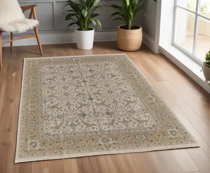 4' X 6' Ivory Gray and Tan Wool Oriental Hand Knotted Area Rug With Fringe