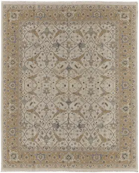 4' X 6' Ivory Gray and Tan Wool Oriental Hand Knotted Area Rug With Fringe