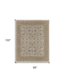 6' X 9' Ivory Gray and Tan Wool Oriental Hand Knotted Area Rug With Fringe