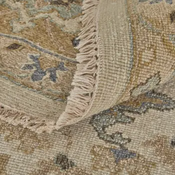 8' X 12' Ivory Gray and Tan Wool Oriental Hand Knotted Area Rug With Fringe