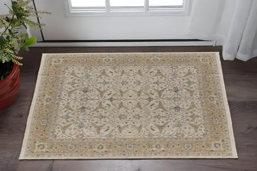 2' X 3' Ivory Gray and Tan Wool Oriental Hand Knotted Area Rug With Fringe