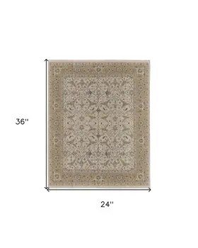 2' X 3' Ivory Gray and Tan Wool Oriental Hand Knotted Area Rug With Fringe