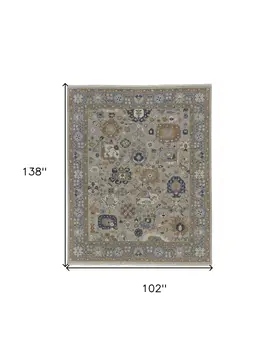8' X 12' Gray and Brown Wool Oriental Hand Knotted Area Rug With Fringe