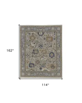 9' X 13' Gray and Brown Wool Oriental Hand Knotted Area Rug With Fringe