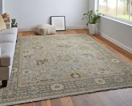 9' X 13' Gray and Brown Wool Oriental Hand Knotted Area Rug With Fringe