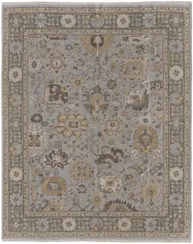 9' X 13' Gray and Brown Wool Oriental Hand Knotted Area Rug With Fringe
