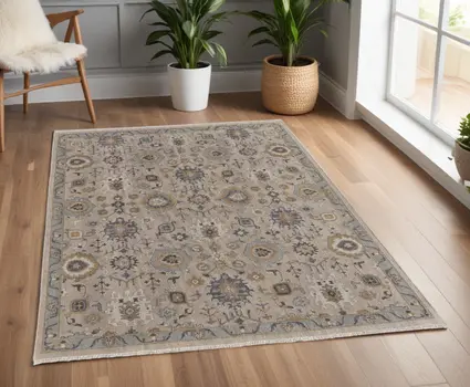 4' X 6' Tan Brown and Gray Wool Oriental Hand Knotted Area Rug With Fringe