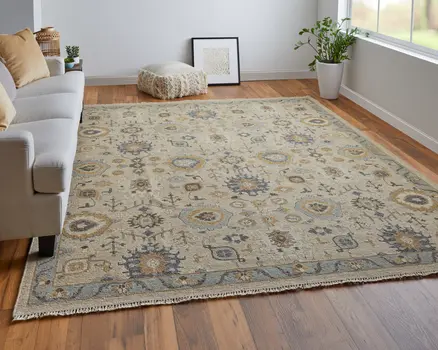2' X 3' Tan Brown and Gray Wool Oriental Hand Knotted Area Rug With Fringe