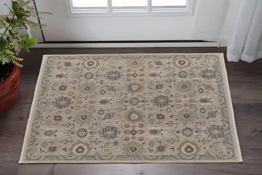 2' X 3' Tan Brown and Gray Wool Oriental Hand Knotted Area Rug With Fringe