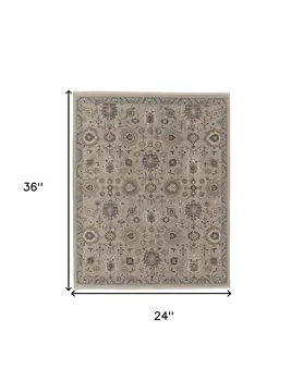2' X 3' Tan Brown and Gray Wool Oriental Hand Knotted Area Rug With Fringe