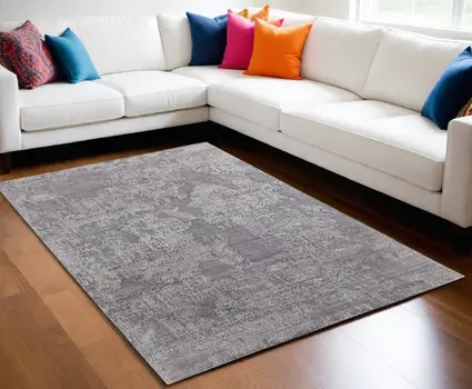 5' X 8' Gray Abstract Hand Woven Worn Faded Area Rug