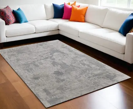5' X 8' Gray and Silver Abstract Hand Woven Worn Faded Area Rug