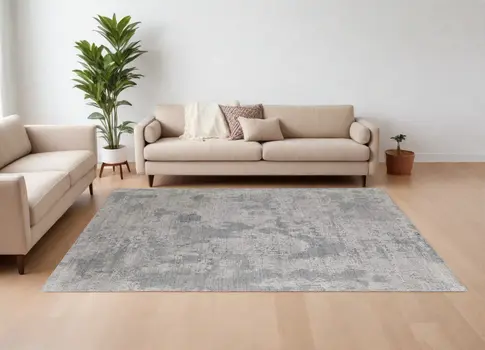 10' X 14' Gray and Silver Abstract Hand Woven Worn Faded Area Rug