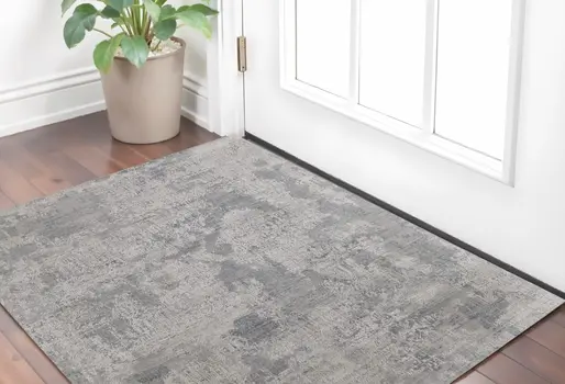 2' X 3' Gray and Silver Abstract Hand Woven Worn Faded Area Rug