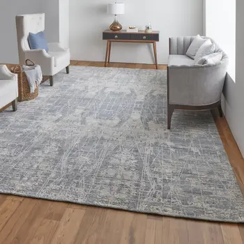 3' X 5' Gray and Silver Abstract Hand Woven Worn Faded Area Rug