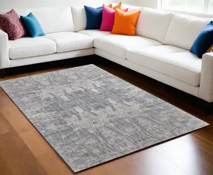 5' X 8' Gray and Silver Abstract Hand Woven Worn Faded Area Rug