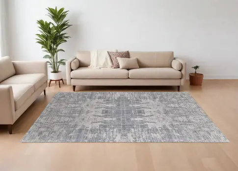 8' X 10' Gray and Silver Abstract Hand Woven Worn Faded Area Rug