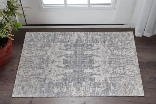 2' X 3' Gray and Silver Abstract Hand Woven Worn Faded Area Rug