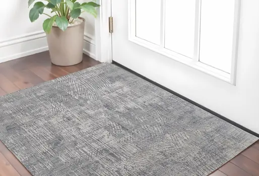 2' X 3' Gray and Silver Abstract Hand Woven Worn Faded Area Rug