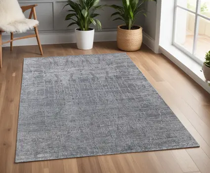 4' X 6' Gray and Silver Abstract Hand Woven Worn Faded Area Rug