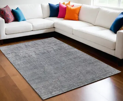 5' X 8' Gray and Silver Abstract Hand Woven Worn Faded Area Rug