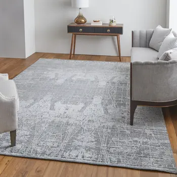 8' X 10' Gray and Silver Abstract Hand Woven Worn Faded Area Rug