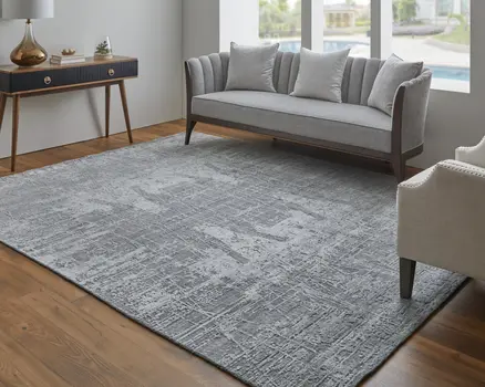 8' X 10' Gray and Silver Abstract Hand Woven Worn Faded Area Rug