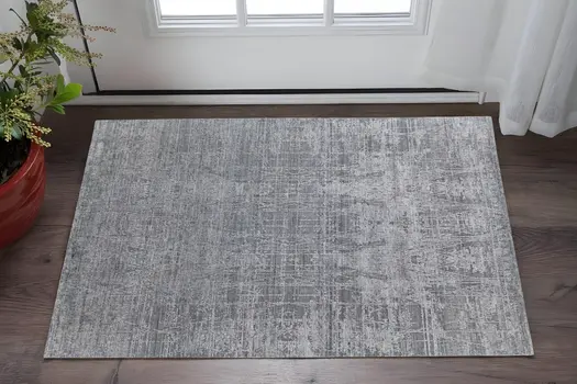 2' X 3' Gray and Silver Abstract Hand Woven Worn Faded Area Rug