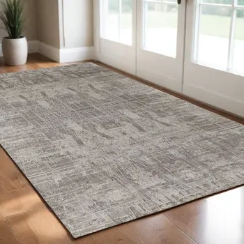 3' X 5' Gray and Silver Abstract Hand Woven Worn Faded Area Rug