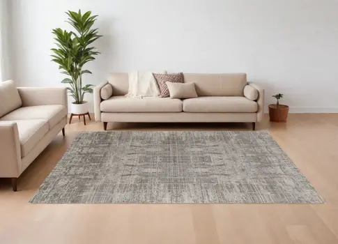 8' X 10' Gray and Silver Abstract Hand Woven Worn Faded Area Rug