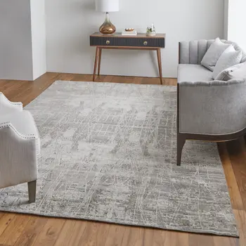 9' X 12' Gray and Silver Abstract Hand Woven Worn Faded Area Rug