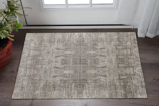 2' X 3' Gray and Silver Abstract Hand Woven Worn Faded Area Rug