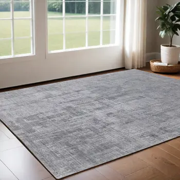 3' X 5' Light Blue and Silver Abstract Hand Woven Worn Faded Area Rug