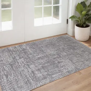 3' X 5' Gray and Silver Abstract Hand Woven Worn Faded Area Rug