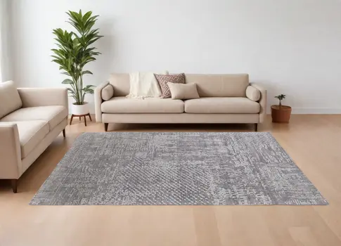 8' X 10' Gray and Silver Abstract Hand Woven Worn Faded Area Rug