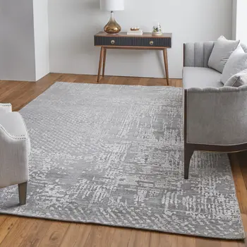 9' X 12' Gray and Silver Abstract Hand Woven Worn Faded Area Rug