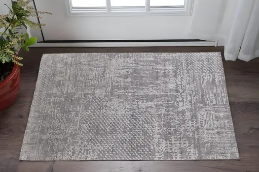 2' X 3' Gray and Silver Abstract Hand Woven Worn Faded Area Rug
