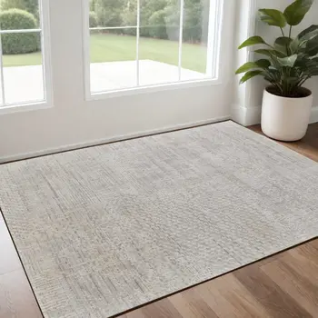 3' X 5' Ivory and Gray Abstract Hand Woven Worn Faded Area Rug