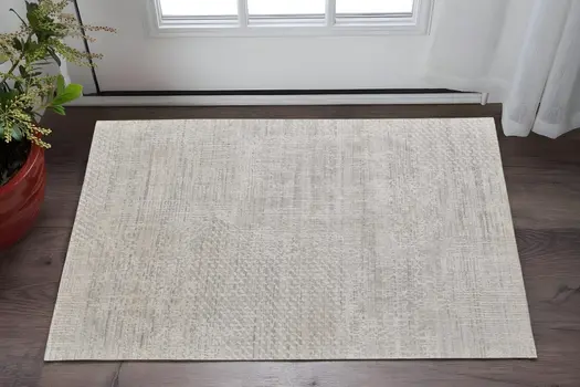 2' X 3' Ivory and Gray Abstract Hand Woven Worn Faded Area Rug
