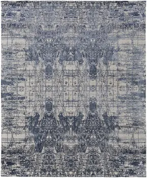 8' X 10' Blue and Ivory Abstract Hand Woven Worn Faded Area Rug