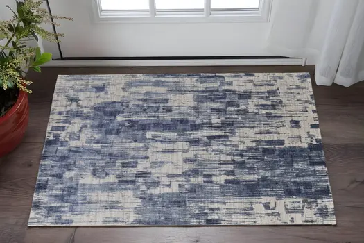 3' X 5' Blue Abstract Hand Woven Distressed Area Rug