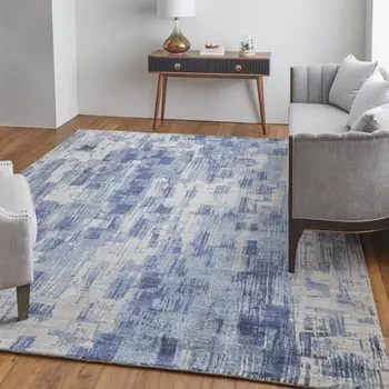 5' X 8' Blue and Ivory Abstract Hand Woven Worn Faded Area Rug