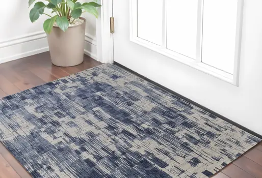 2' X 3' Blue and Ivory Abstract Hand Woven Worn Faded Area Rug